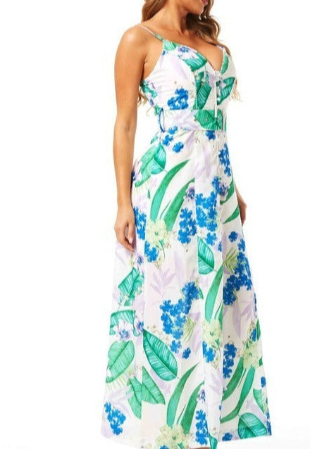 Purple & Green Leaves Belted Maxi Dress