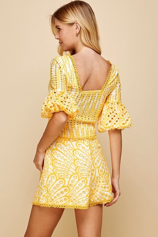 Eyelet Puffed Sleeves Top & Short Set
