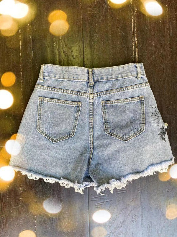 Handwork Embroidery Lace Trim Denim Shorts