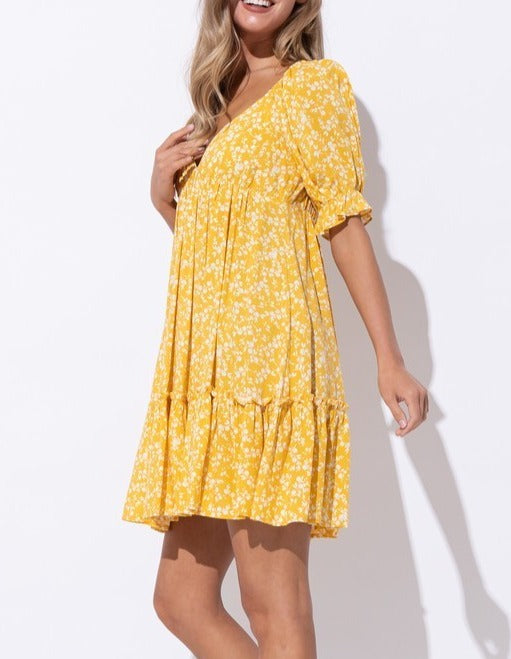 Yellow Flower Puff Sleeve Dress
