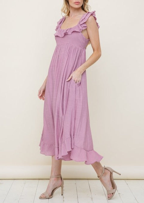 Mauve Ruffle Detail Midi Dress