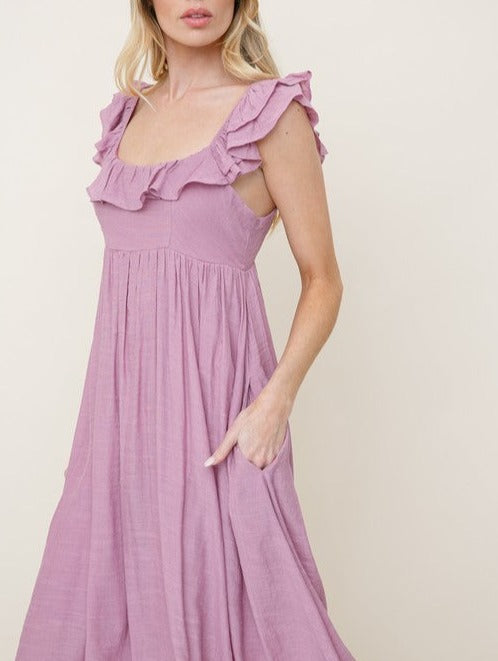 Mauve Ruffle Detail Midi Dress