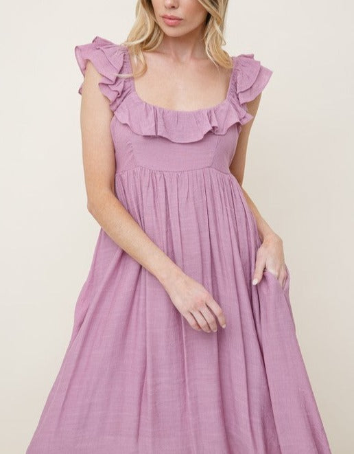 Mauve Ruffle Detail Midi Dress