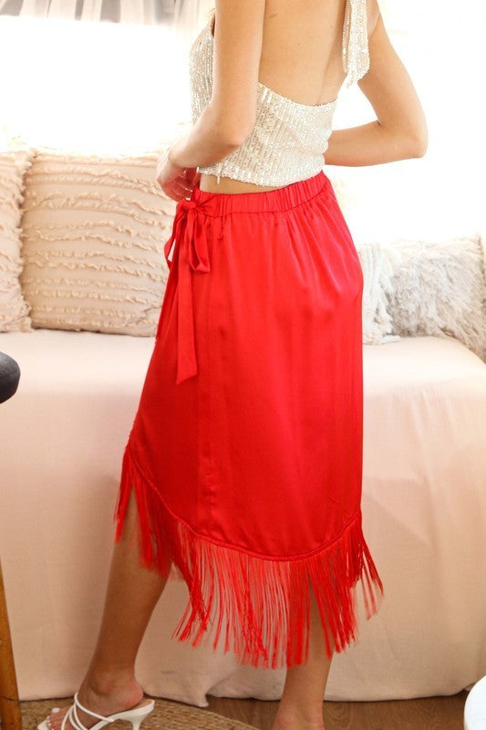 Tassel Trim Wrap Midi Skirt
