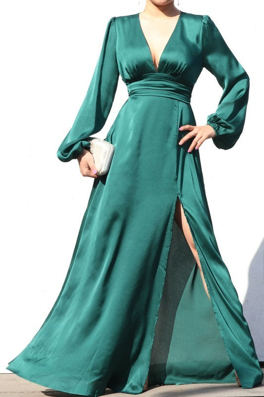 Puff Sleeve Satin Maxi Dress