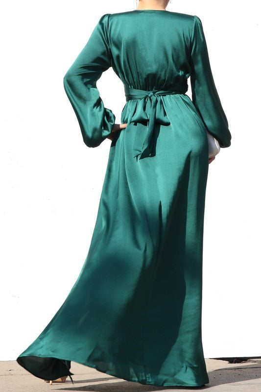 Puff Sleeve Satin Maxi Dress