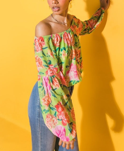 Floral Off Shoulder Long Lantern Sleeve Top