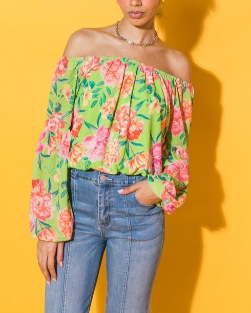 Floral Off Shoulder Long Lantern Sleeve Top