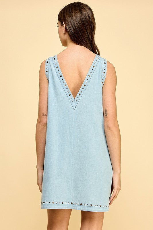 Beaded Neckline Denim Mini Dress
