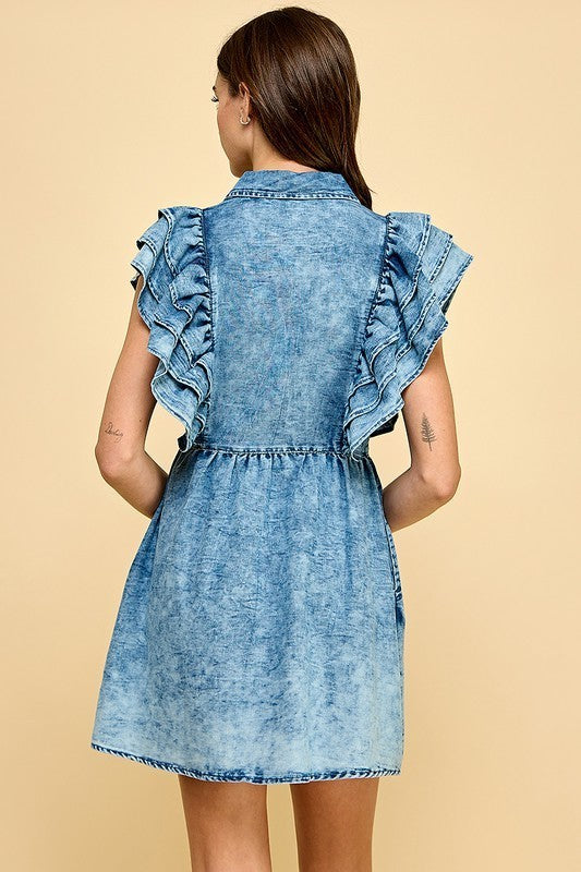 Ruffles Sleeve Button Denim Dress