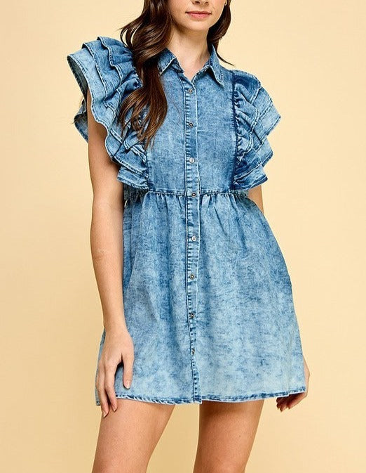 Ruffles Sleeve Button Denim Dress