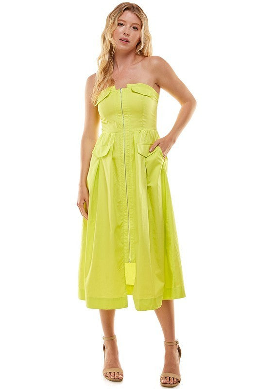 Strapless Zipper Detail Midi Dress