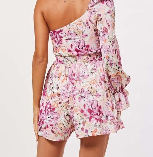 One Shoulder Floral Print Romper