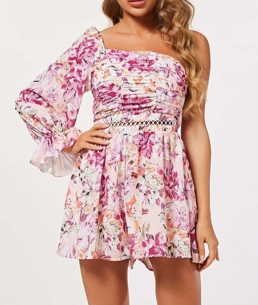 One Shoulder Floral Print Romper