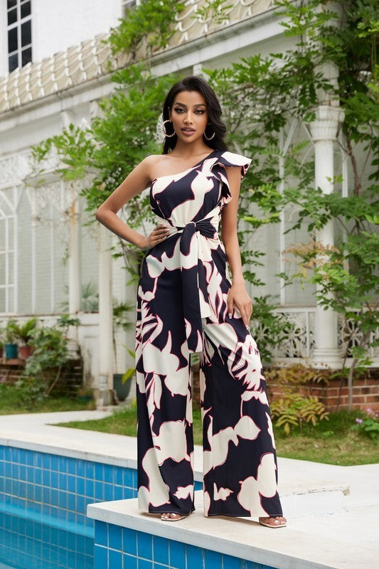 One Shoulder Printed Jumpsuit