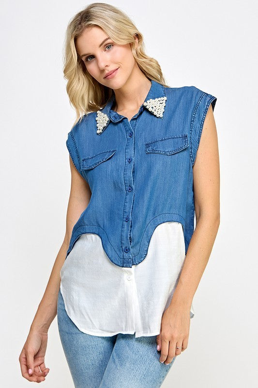 Pearl Detail Neck Denim Color Block Shirt