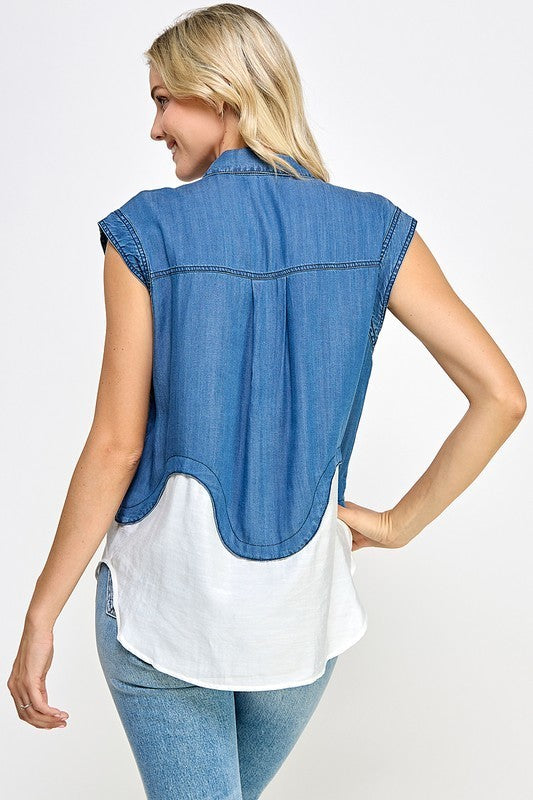 Pearl Detail Neck Denim Color Block Shirt