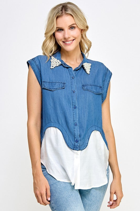 Pearl Detail Neck Denim Color Block Shirt
