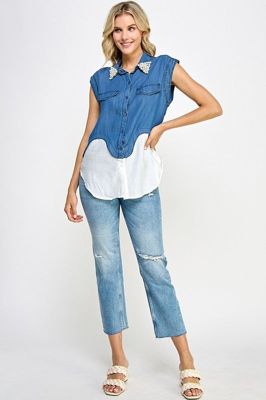 Pearl Detail Neck Denim Color Block Shirt