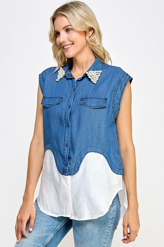 Pearl Detail Neck Denim Color Block Shirt