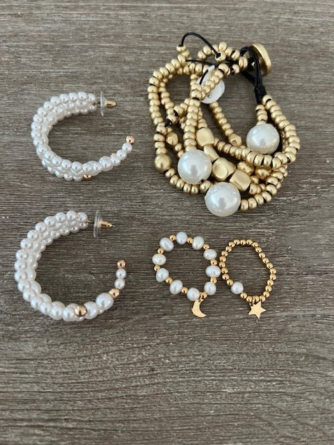 Two Set Pearls & Beads Elastic Ring
