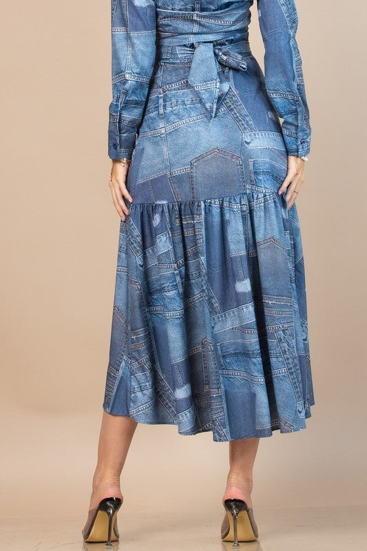 Denim Jean Print Wrap Skirt