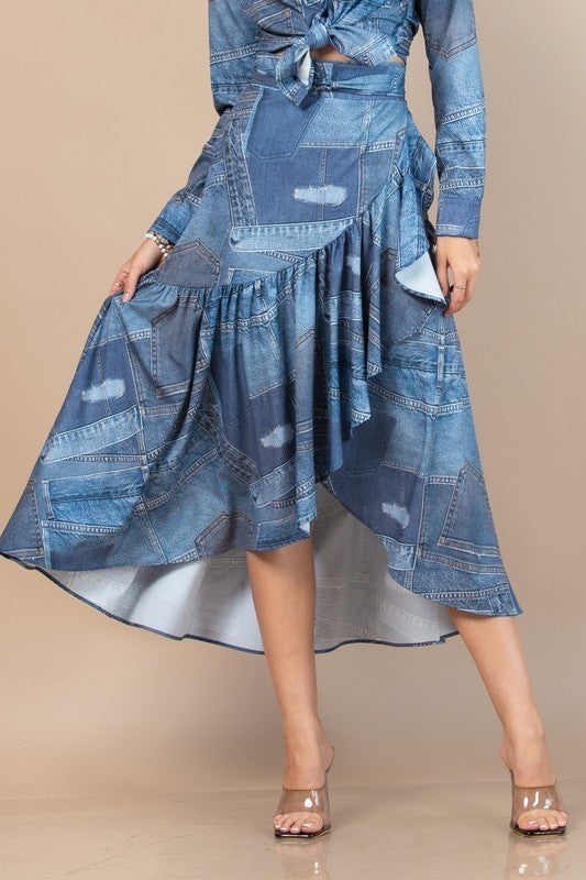Denim Jean Print Wrap Skirt