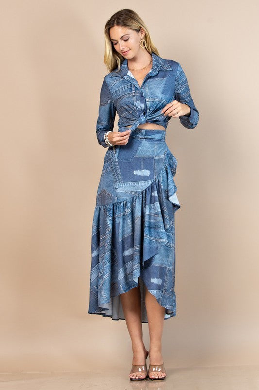 Denim Jean Print Wrap Skirt