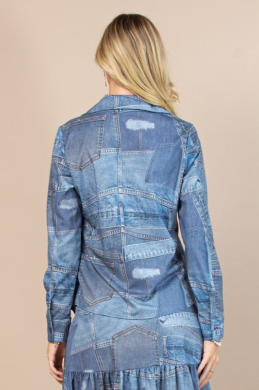 Denim Jean Print Button Down Top