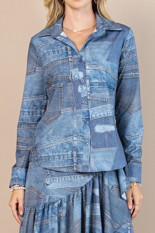Denim Jean Print Button Down Top
