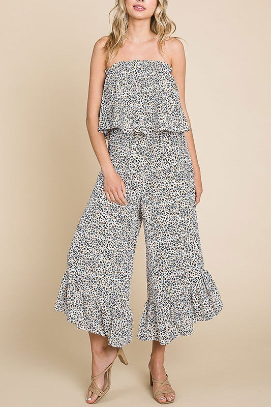 Animal Print Ruffled Tube Cropped Flare Jumpsuit