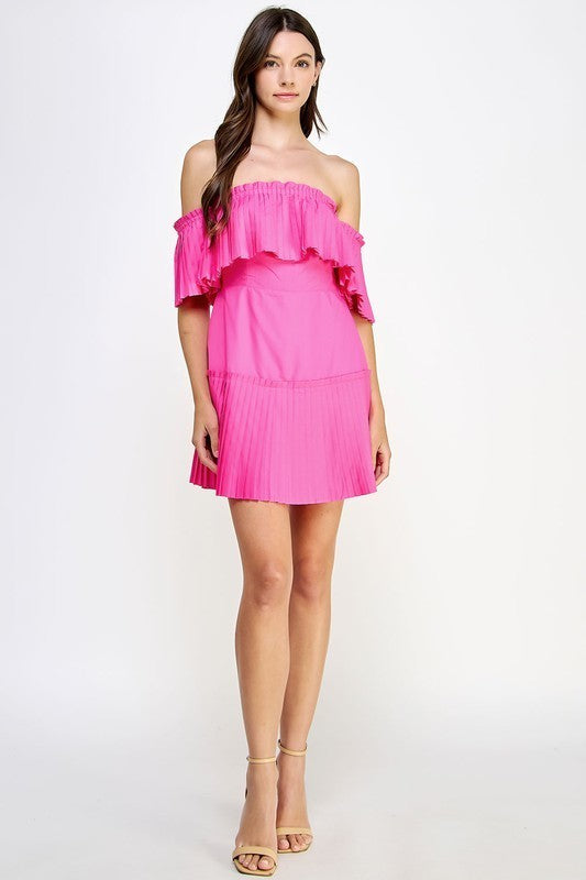 Off Shoulder Pleated Detail Mini Dress