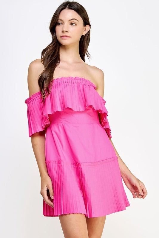 Off Shoulder Pleated Detail Mini Dress