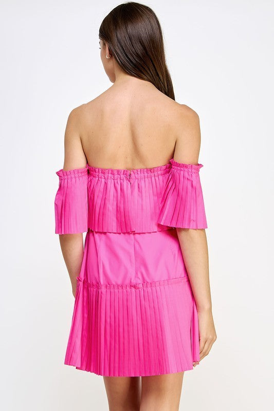 Off Shoulder Pleated Detail Mini Dress