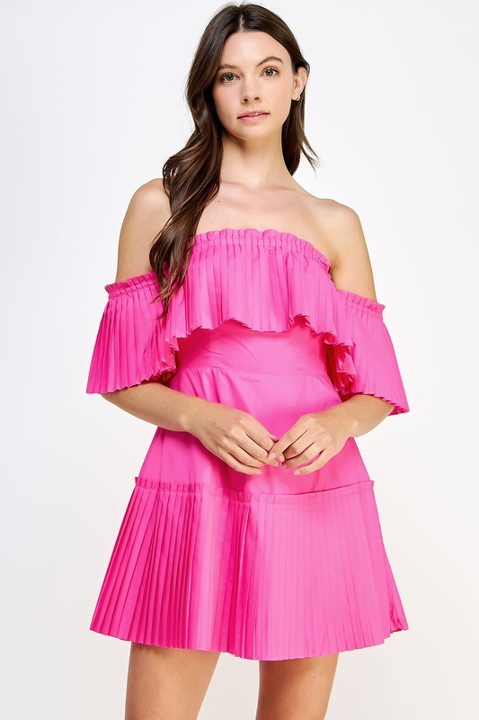 Off Shoulder Pleated Detail Mini Dress