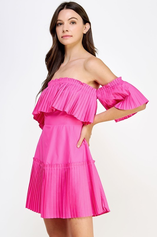 Off Shoulder Pleated Detail Mini Dress