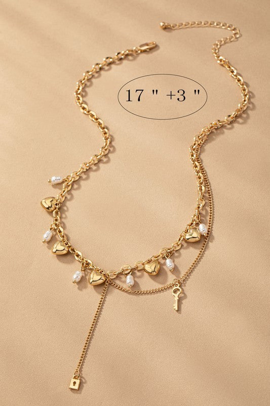 Puffy Heart And Pearl Drops Necklace (Pick Color)