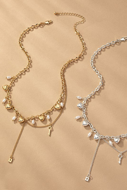 Puffy Heart And Pearl Drops Necklace (Pick Color)