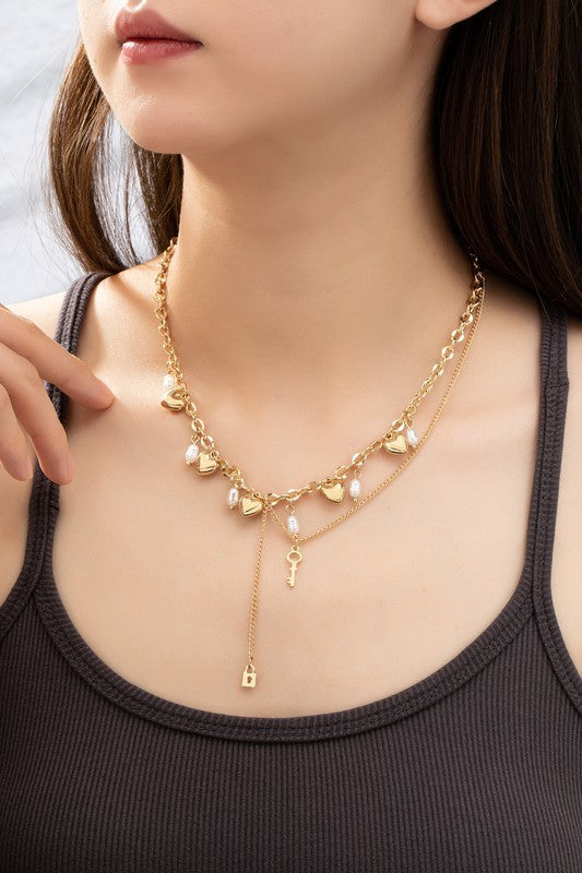 Puffy Heart And Pearl Drops Necklace (Pick Color)