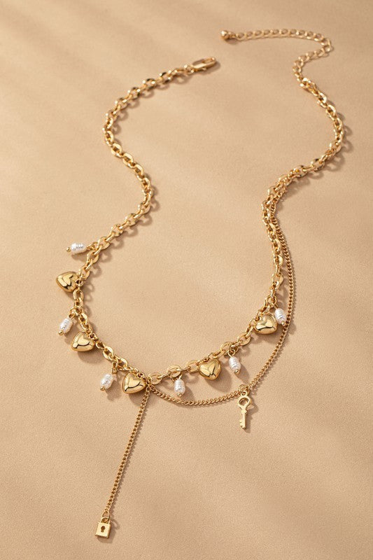 Puffy Heart And Pearl Drops Necklace (Pick Color)