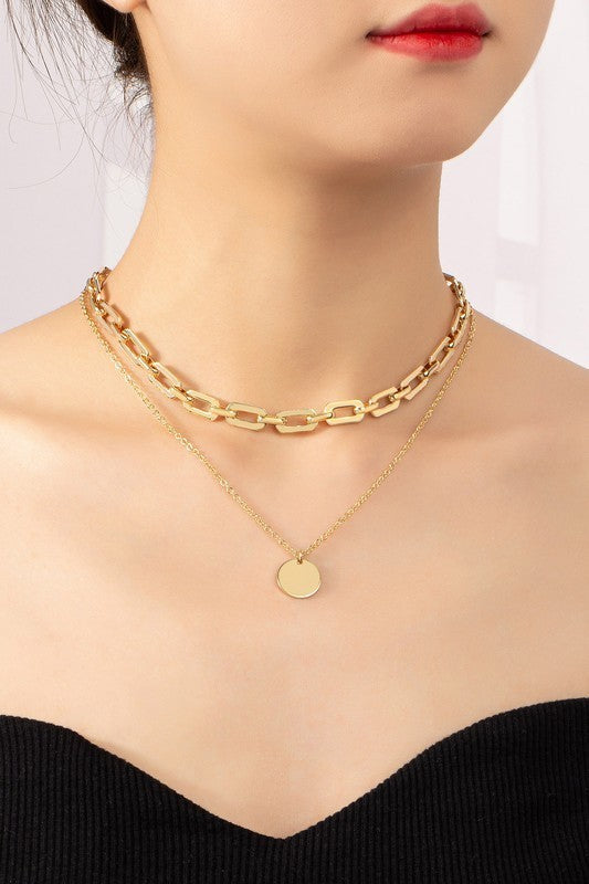 Two Row Mixed Chain Coin Pendant Necklace