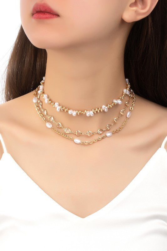 Glass Heart And Pearl Mixed Chain Necklaces Set