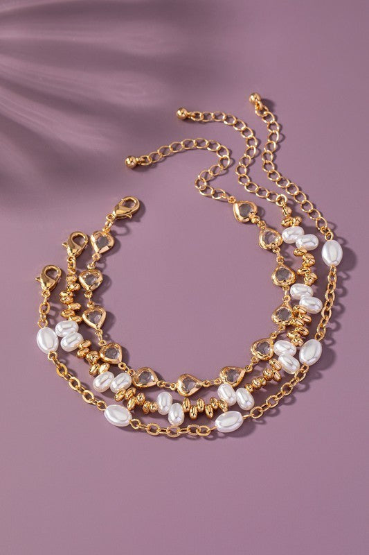 3 Glass Heart And Pearl Mixed Chain Bracelets