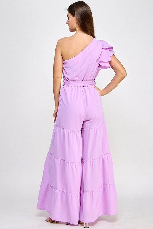 One Shoulder Ruffle Sleeve Jumpsuit