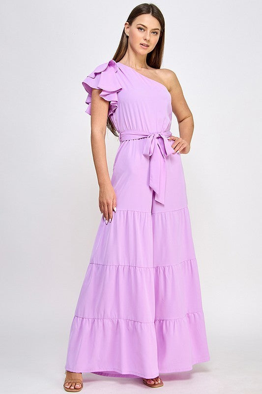 One Shoulder Ruffle Sleeve Jumpsuit