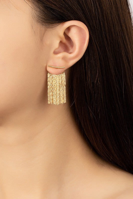 Front And Back Curve Bar Chain Tassel Earrings (Pick Color)