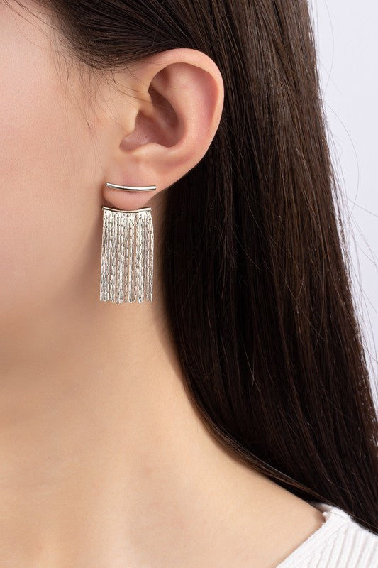 Front And Back Curve Bar Chain Tassel Earrings (Pick Color)