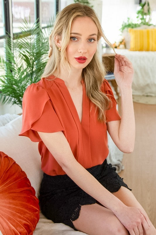 V-Neck Tulip Sleeves Solid Top