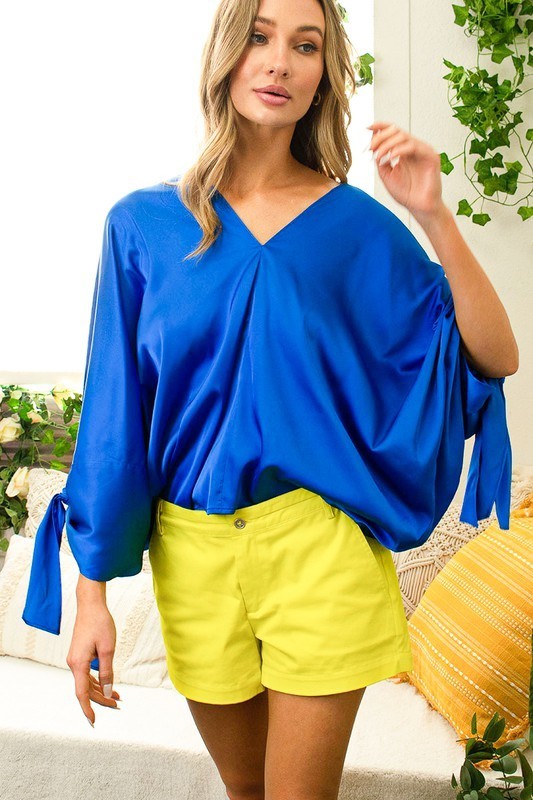 V-Neck Kimono Sleeve Satin Top