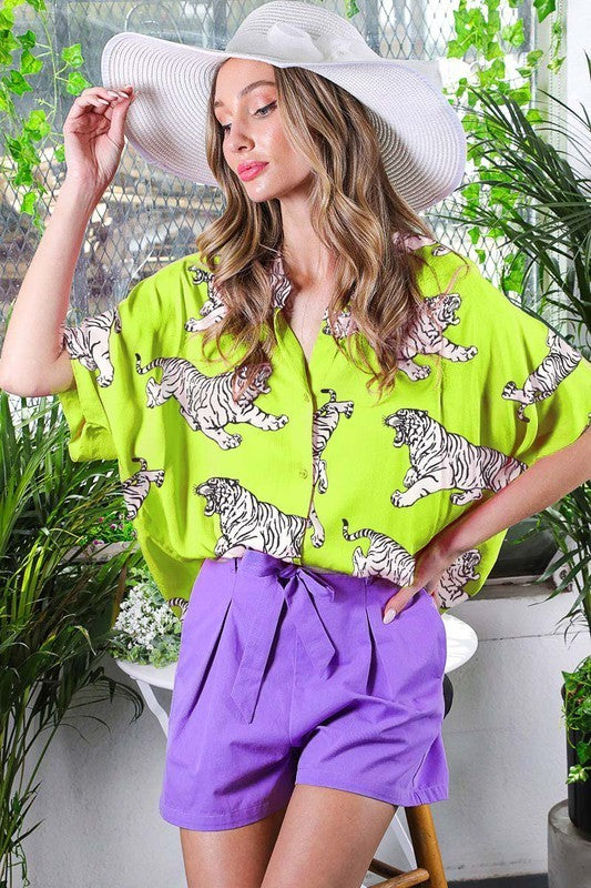 Tiger Printed Satin Shirt Top